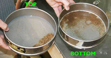 Two parts sieve with samples, one labeled top to see larger particles; other labeled bottom and has finer particles